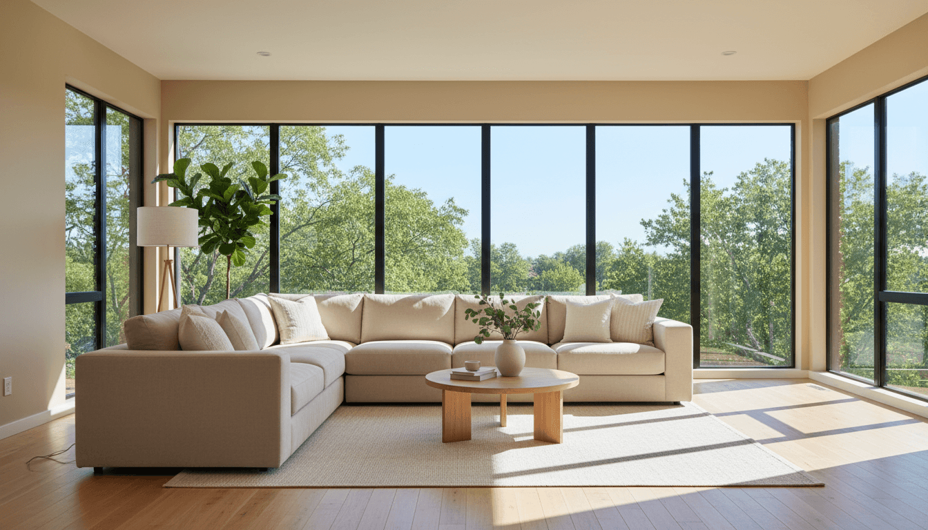 Bright, airy living room with natural light streaming through large windows