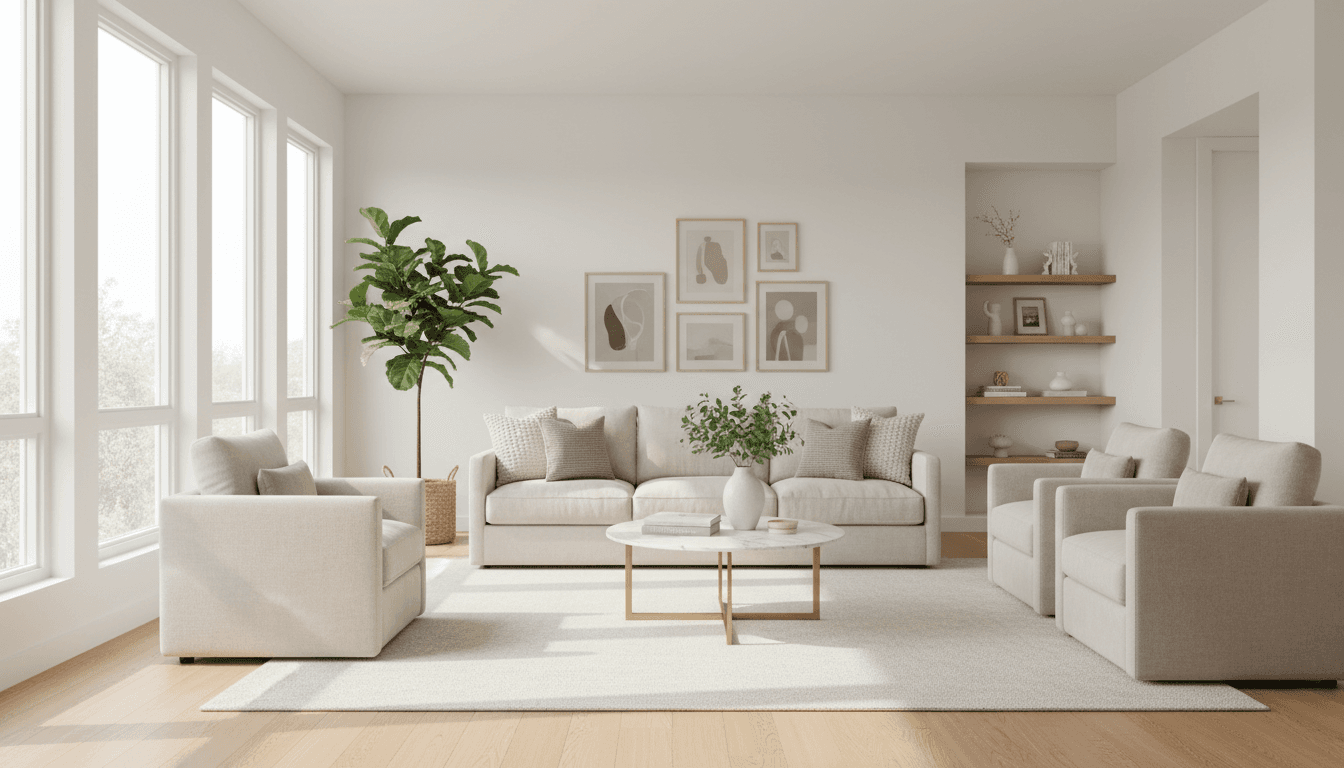 Bright spotless living room with sunlit windows and cozy neutral furniture