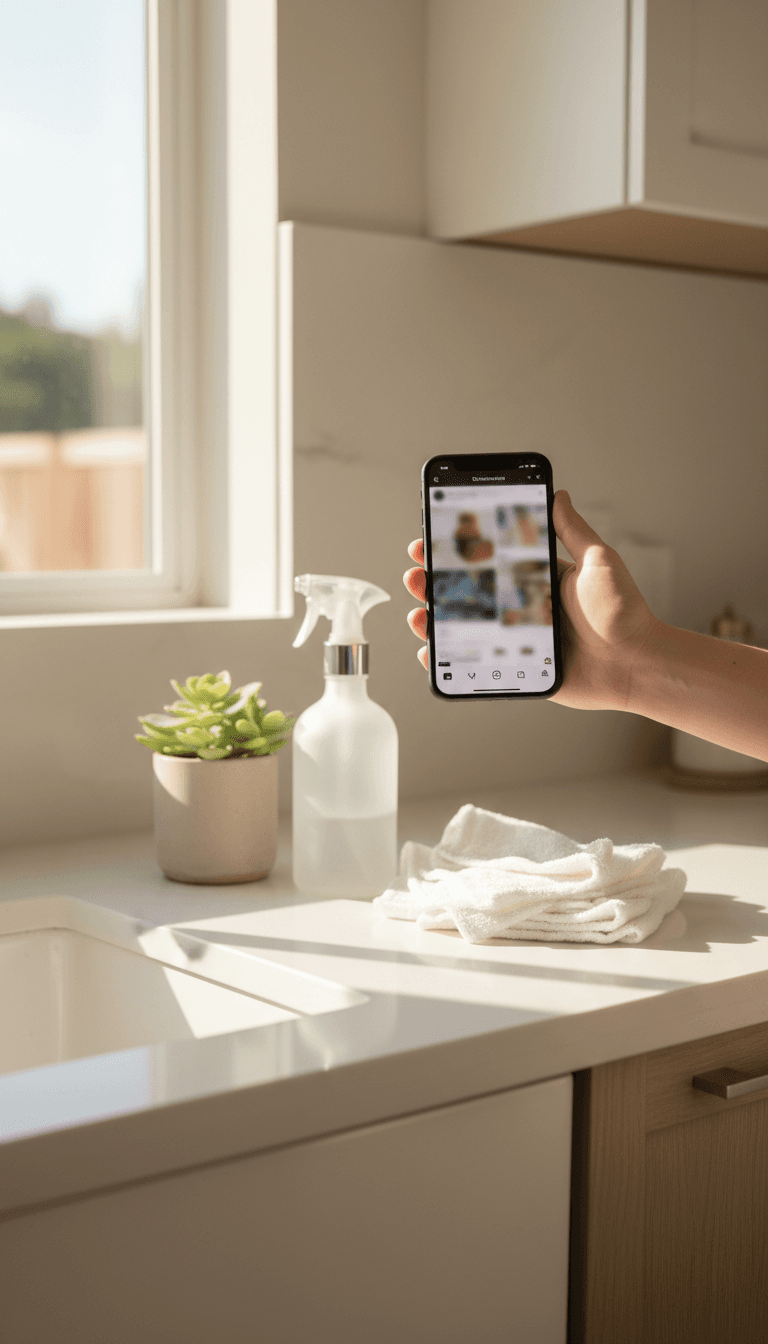Hand holding a smartphone with a blurred feed over a clean kitchen counter