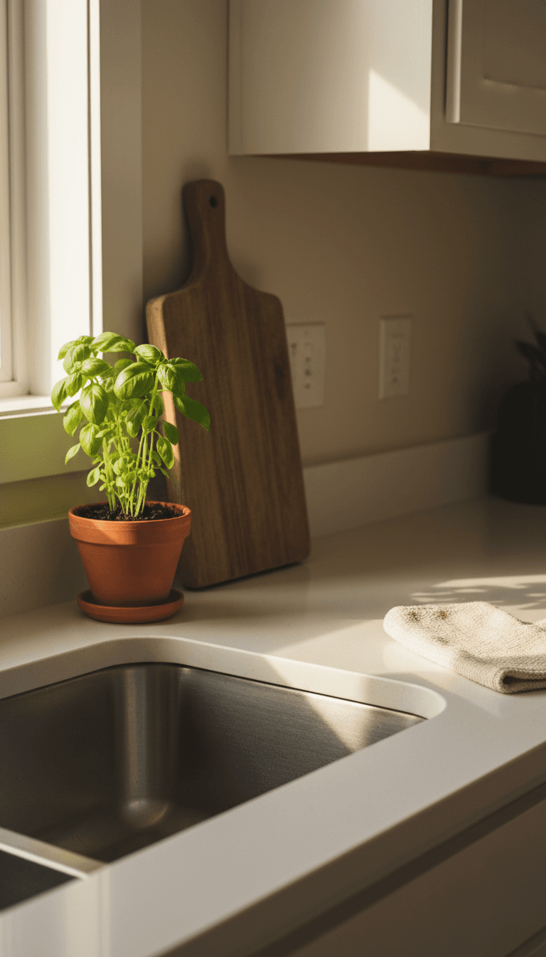 Clean kitchen counter with polished sink