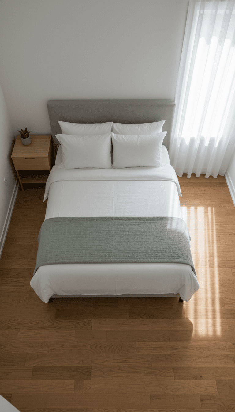 Made bed with crisp white linens in a clean bedroom