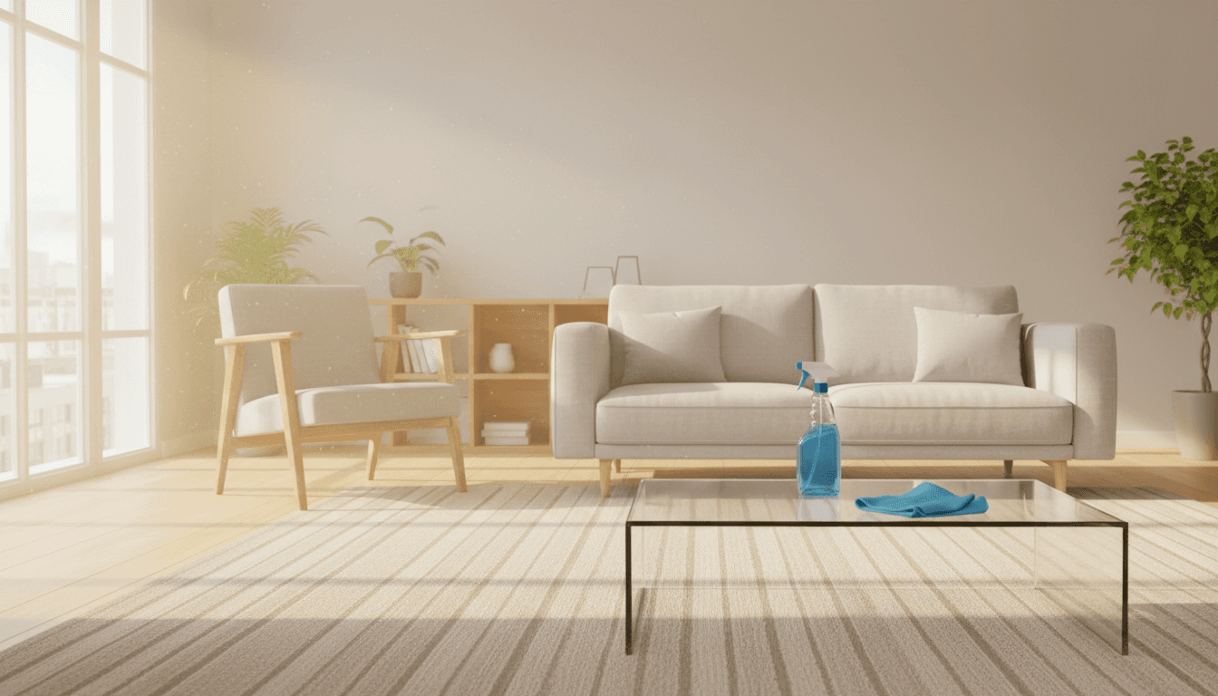 Sunlit clean living room with vacuum lines on carpet and cleaning supplies on the coffee table