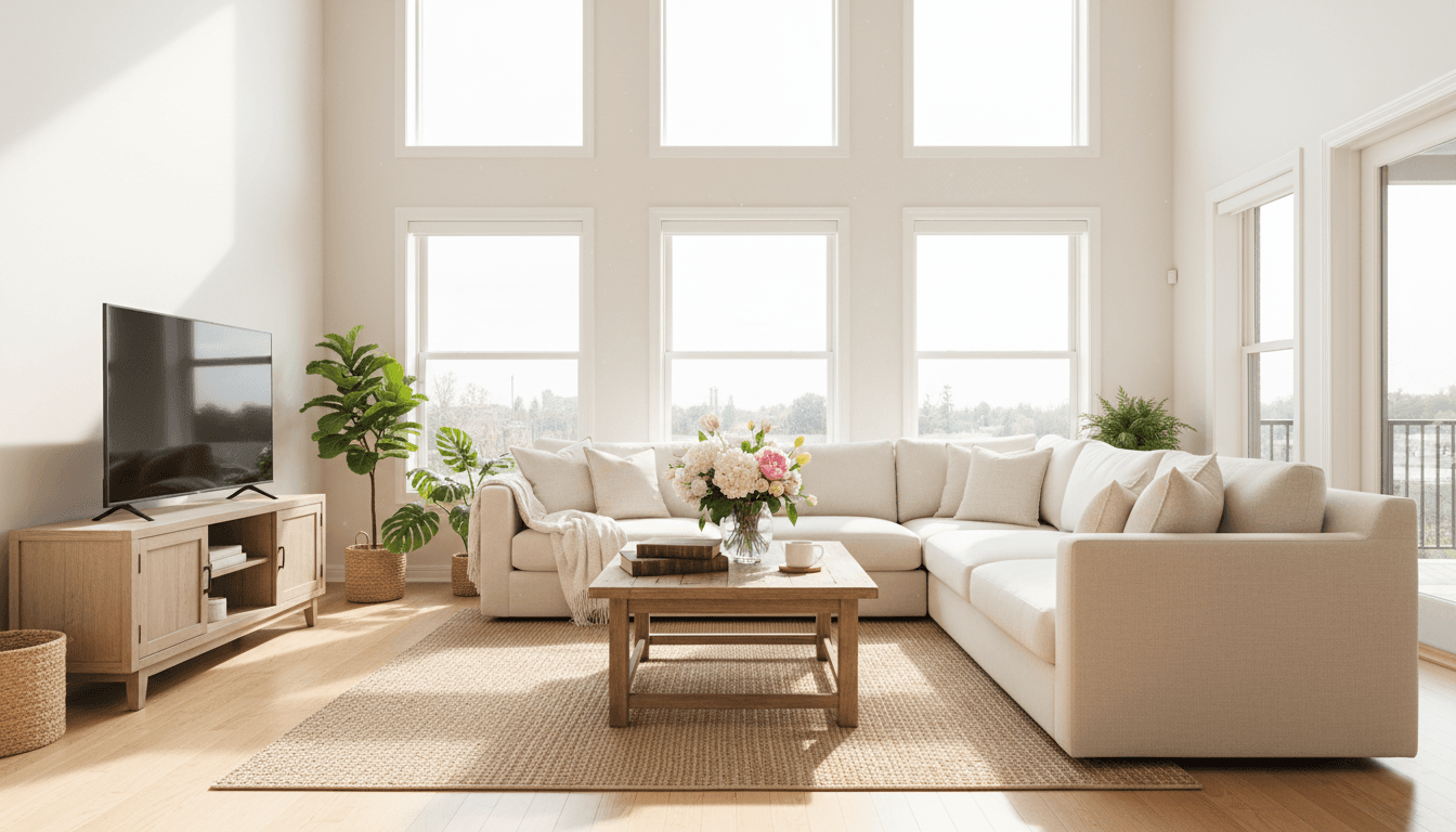 Bright living room with fresh flowers and natural sunlight after a professional cleaning