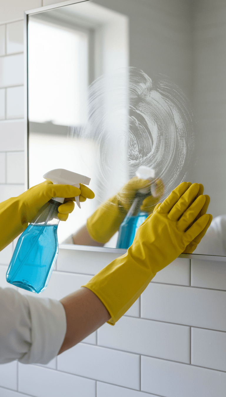 Hands wiping a bathroom mirror to a streak-free shine