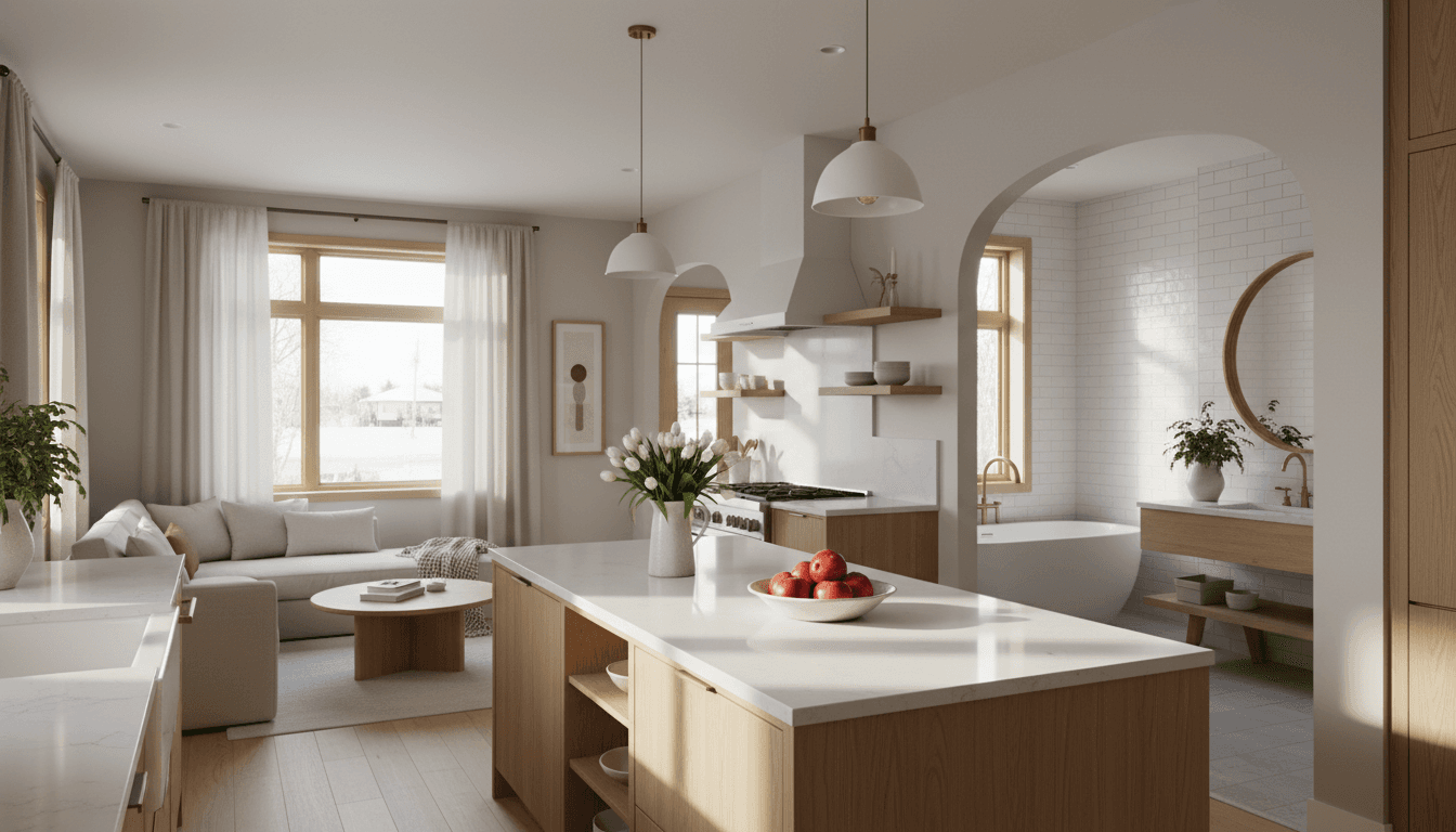Bright and tidy kitchen with clean counters and a fresh bathroom visible beyond