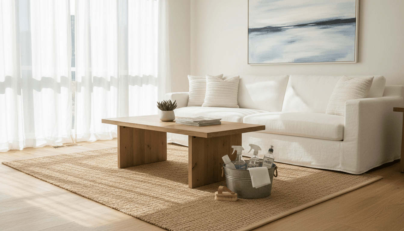 A bright and freshly cleaned living room with sunlight streaming through the windows