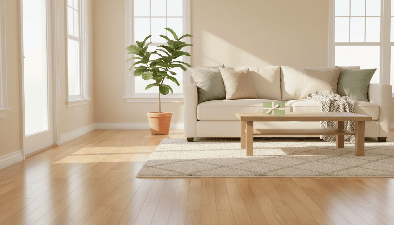 Bright, freshly cleaned living room with a gift card on the coffee table