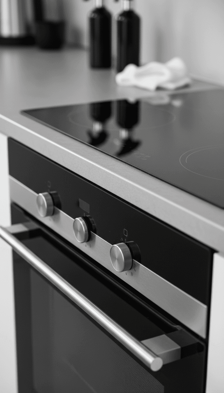 Close-up of a spotless stove top with polished handles
