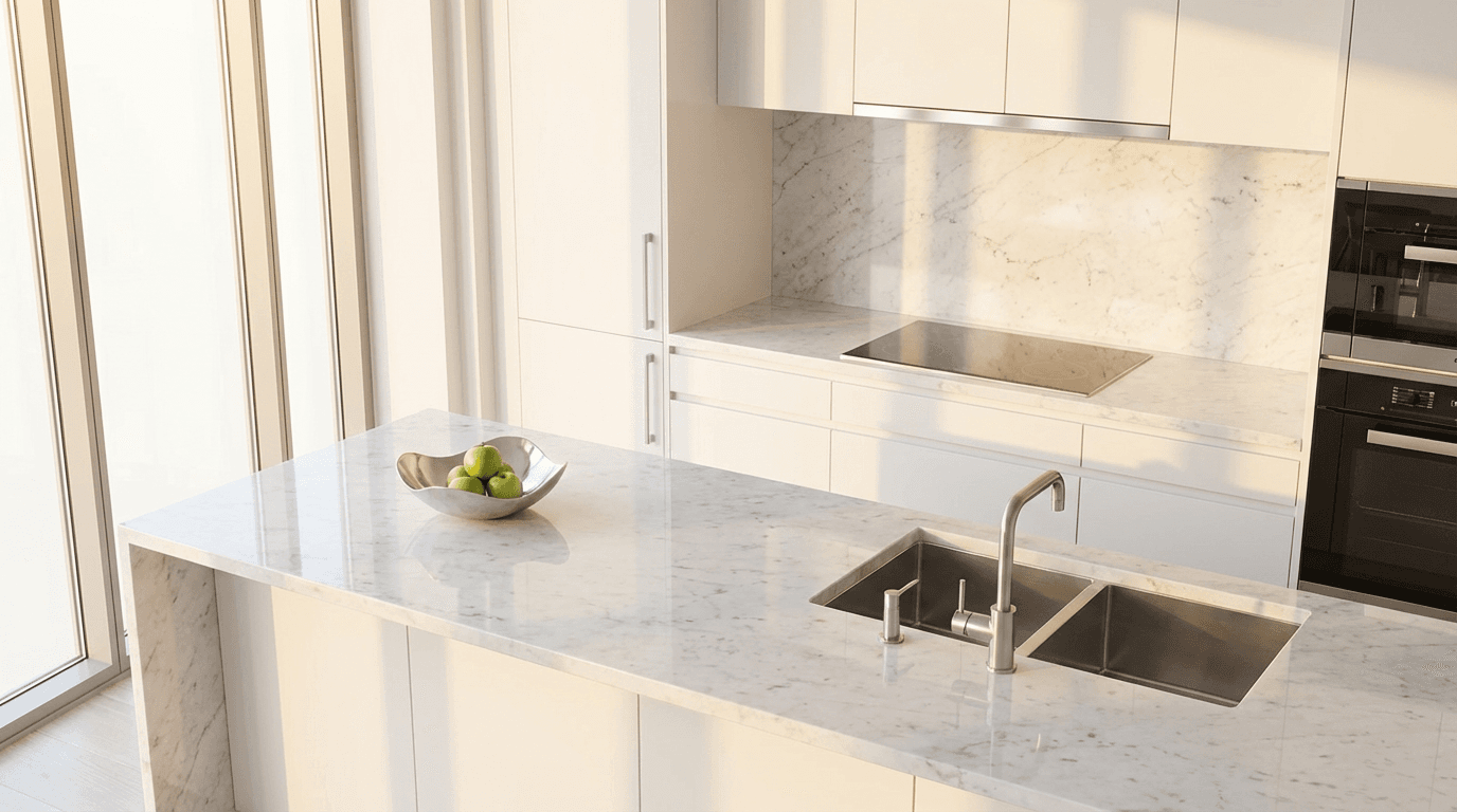 Spotless white kitchen after a deep clean, granite counters gleaming, stainless sink empty, morning light across the island