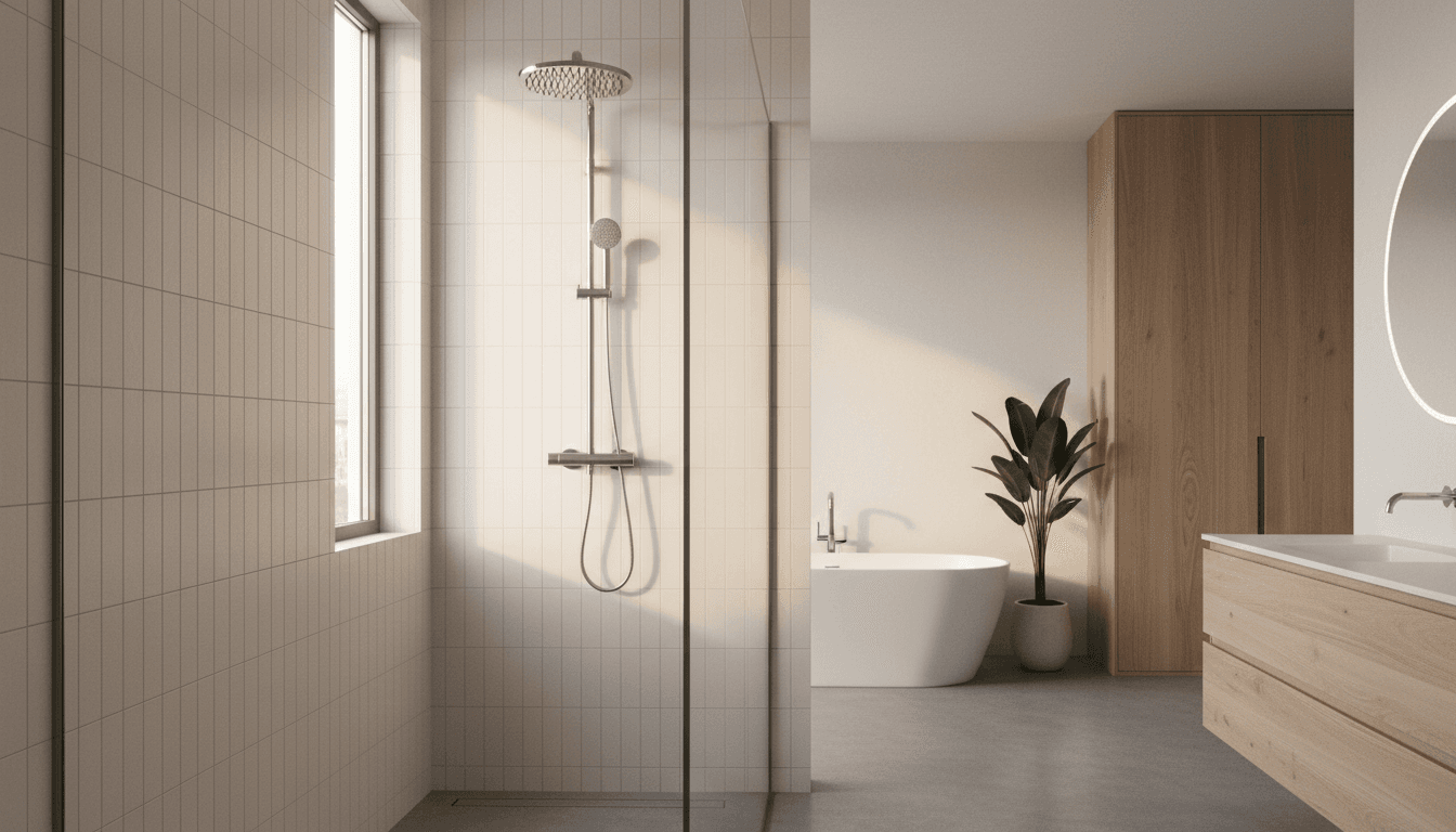 Bright bathroom with polished chrome fixtures, streak-free glass shower, folded white towels on a marble vanity