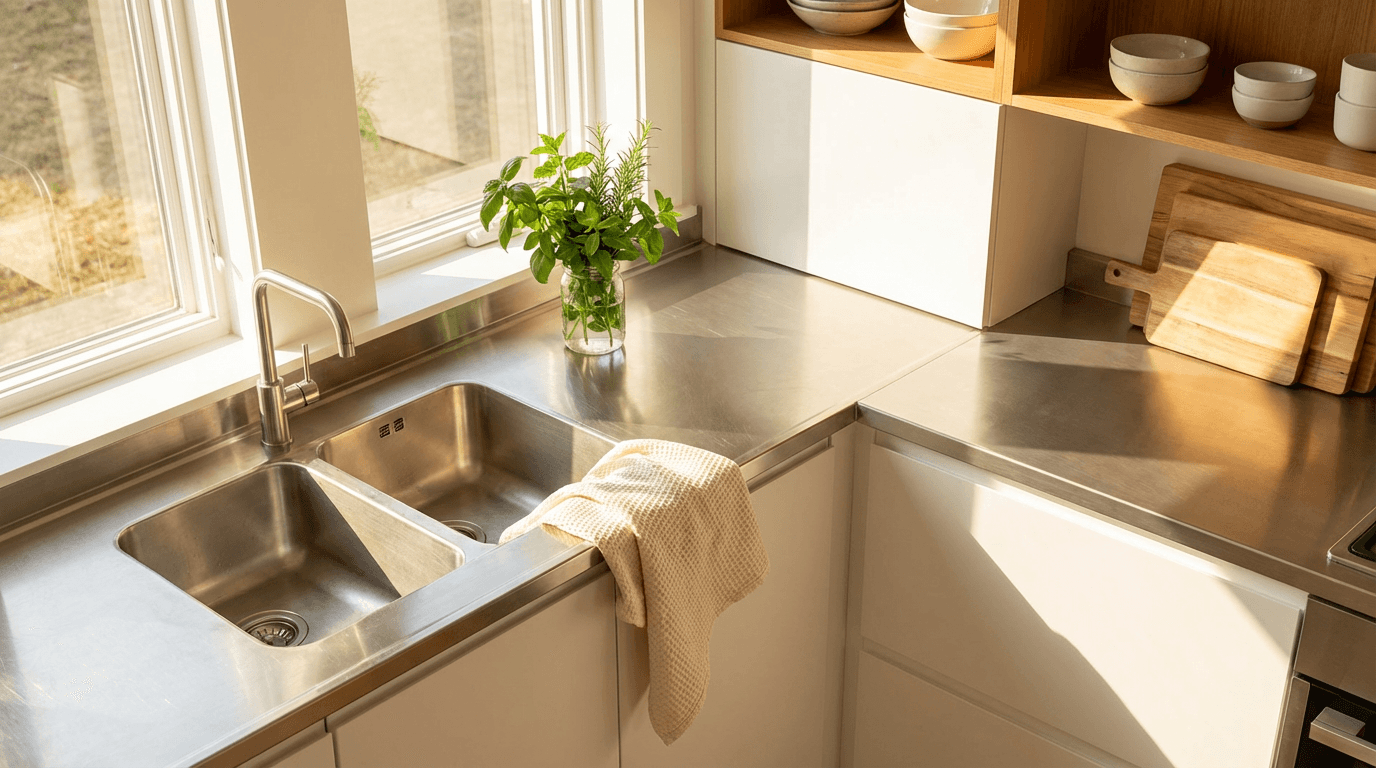 Spotless kitchen with gleaming countertops and organized counters