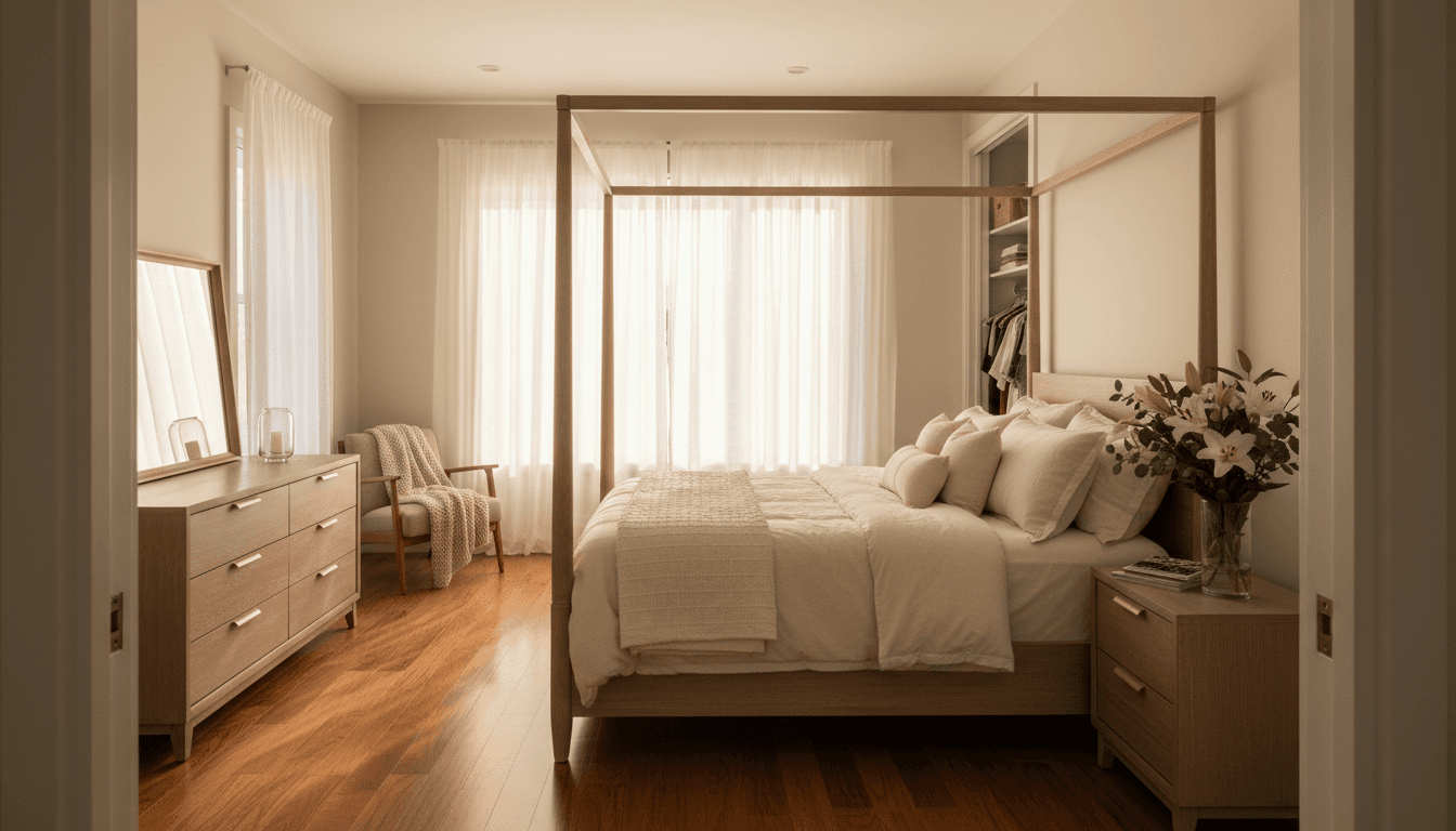 Made bed with crisp white linens, dusted nightstands, and a vacuumed bedroom carpet in warm afternoon light