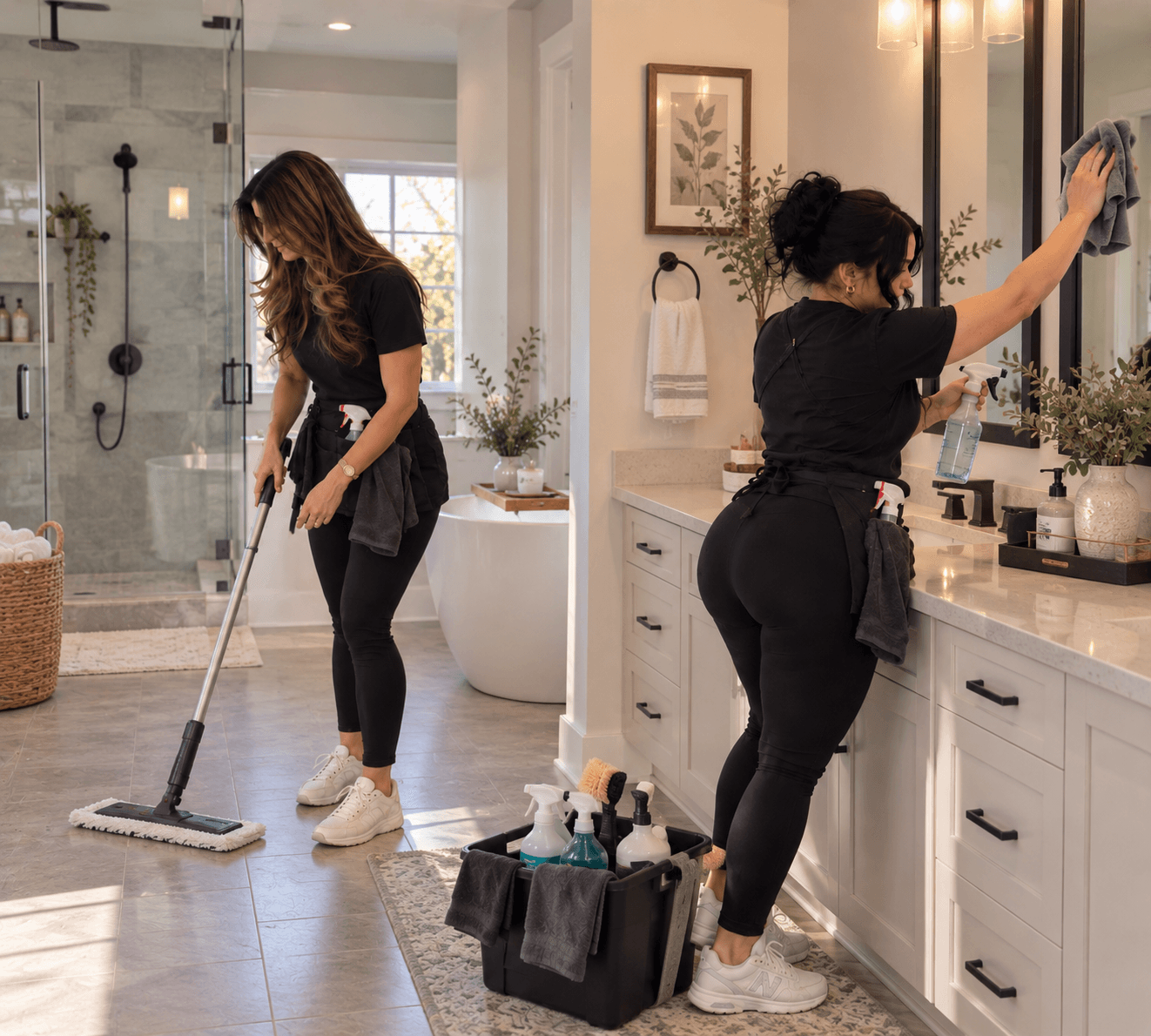 Two women in black uniforms clean a modern bathroom, mopping floors and wiping mirrors.
