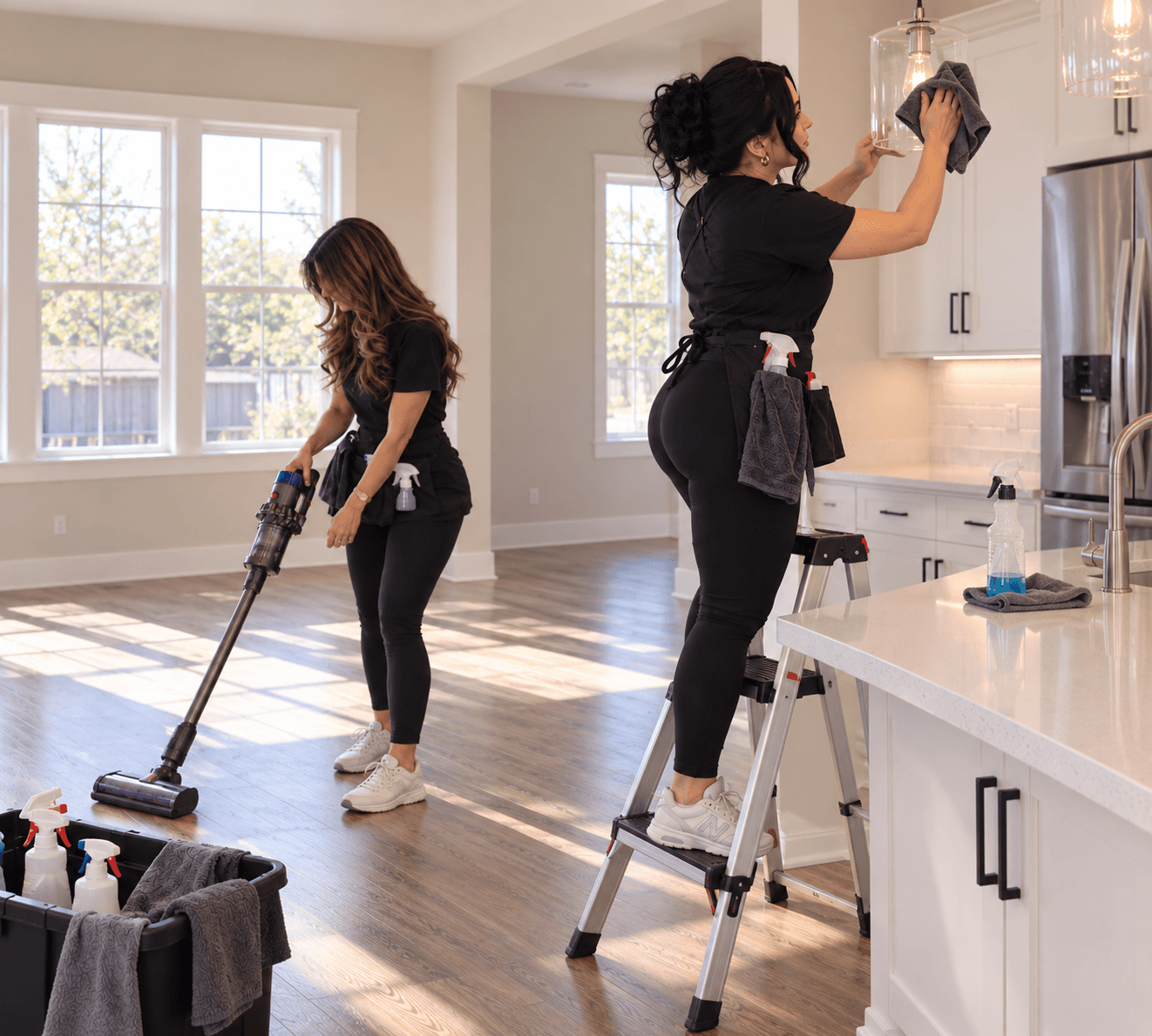 Professional cleaners in black uniforms vacuum floors and dust light fixtures in a modern home.
