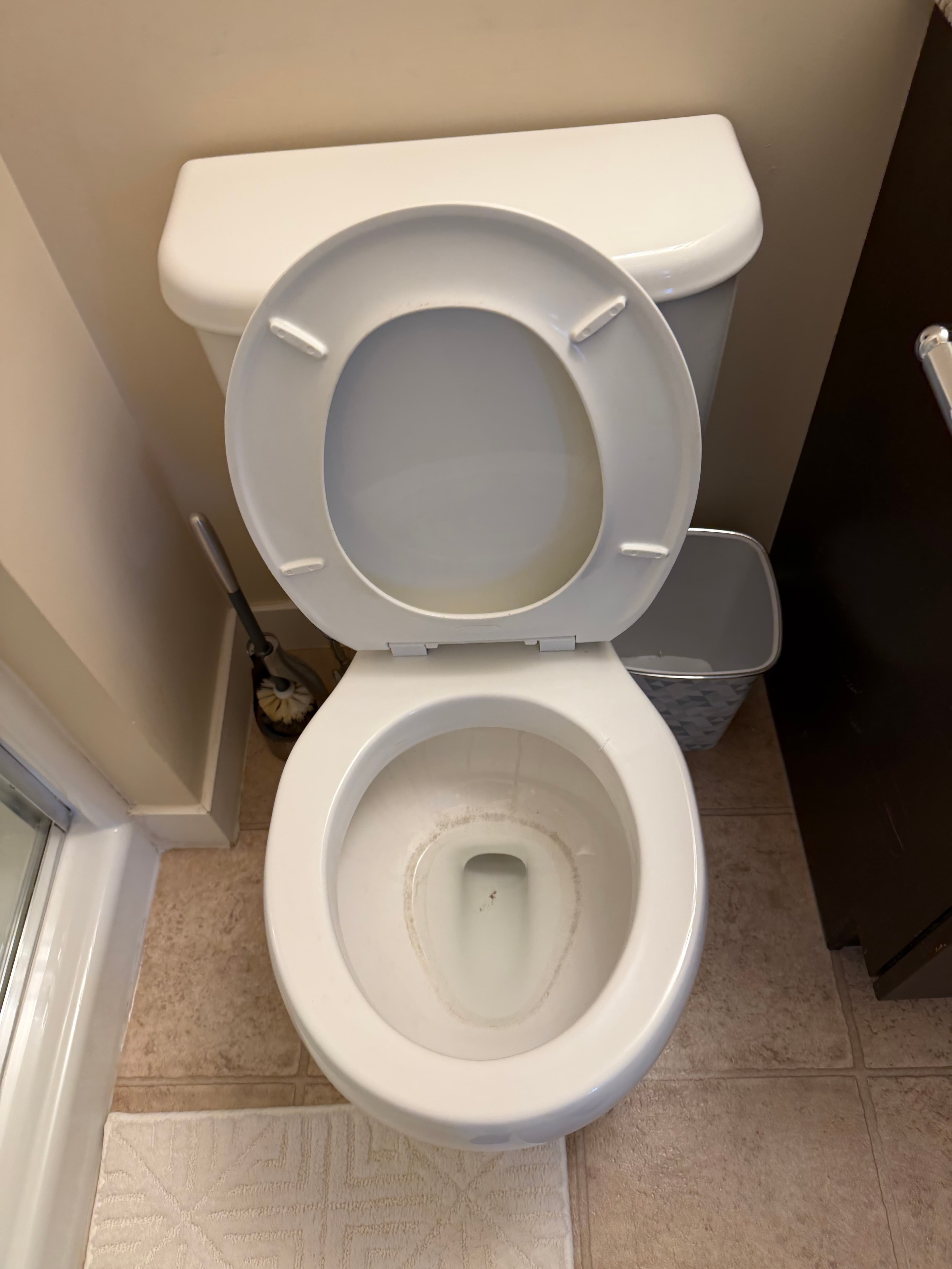 White toilet with open lid and seat, showing a stained bowl in a bathroom.